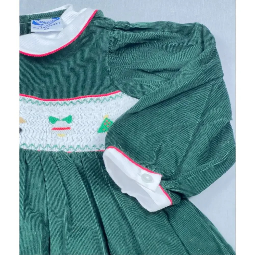 Vintage NWT Carriage Boutiques 2T Green Christmas Smocked Corduroy Dress Santa